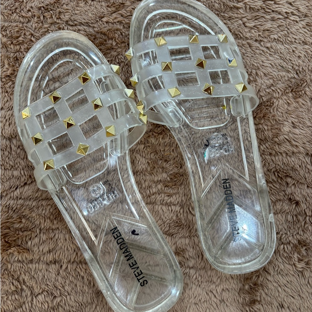Steve Madden Clear Slide Sandals with Gold Accents
